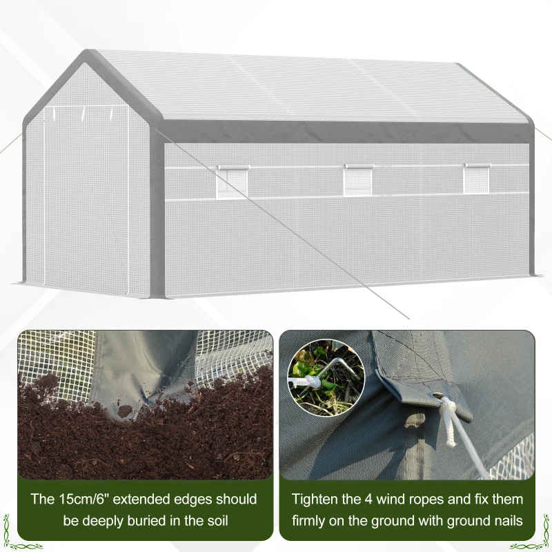 Outsunny 20' x 10' x 9' Walk-in Greenhouse with Roll Up Doors & 6 Windows Plant Growth Warm House Outdoor, PE Cover, White