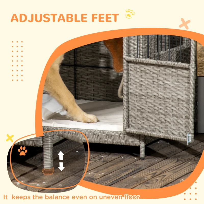 PawHut Rattan Dog Crate with Double Doors, Wicker Dog Cage with Soft Washable Cushion, Dog Kennel Furniture Outdoor Indoor for Medium to Large Sized Dogs, Gray