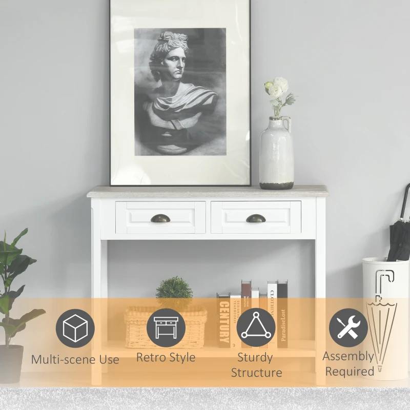 HOMCOM Console Table with 2 Storage Drawers and Open Shelf, Vintage Distressed Sofa Table for Hallway, Living Room, or Bedroom, White