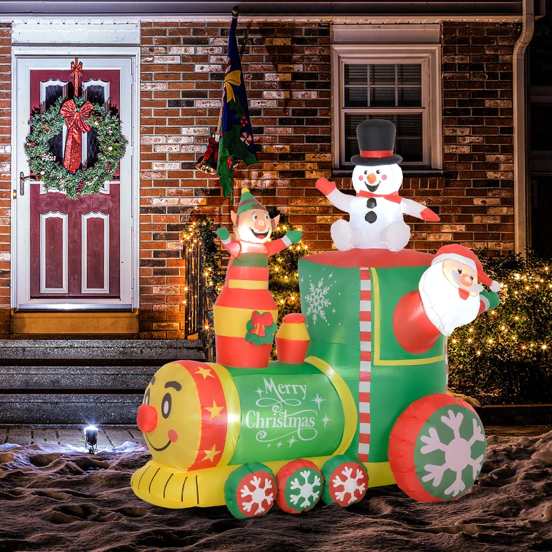 Outsunny 6FT Inflatable Train with Santa Claus, Snowman, Blow-Up Outdoor Display w/ White LED Lights for Party
