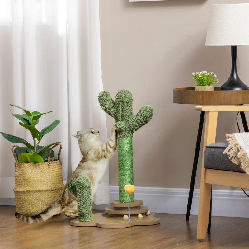 PawHut 23.5" Cactus Cat Scratching Post with Turntable Interactive Ball Toy, Cute Cat Scratching Post with Extreme Stability, Cactus Cat Tree for Indoor Cats