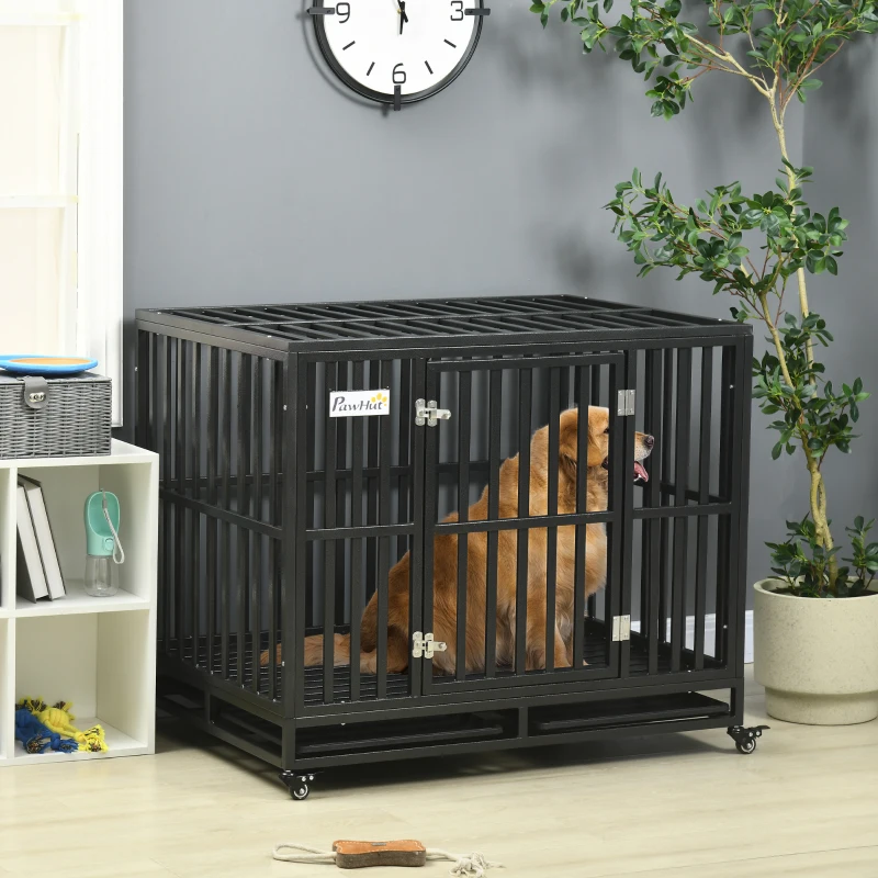 PawHut 41" Heavy Duty Steel Dog Crate Kennel Pet Cage with Wheels for Convenient Access Anti-Pinching Floor, Black
