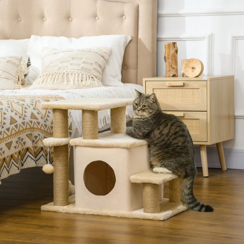 PawHut Cat Stairs Pet Steps for Couch Bed with Scratching Posts Condo Ball Toy, 23.6" x 15.7" x 26", Beige