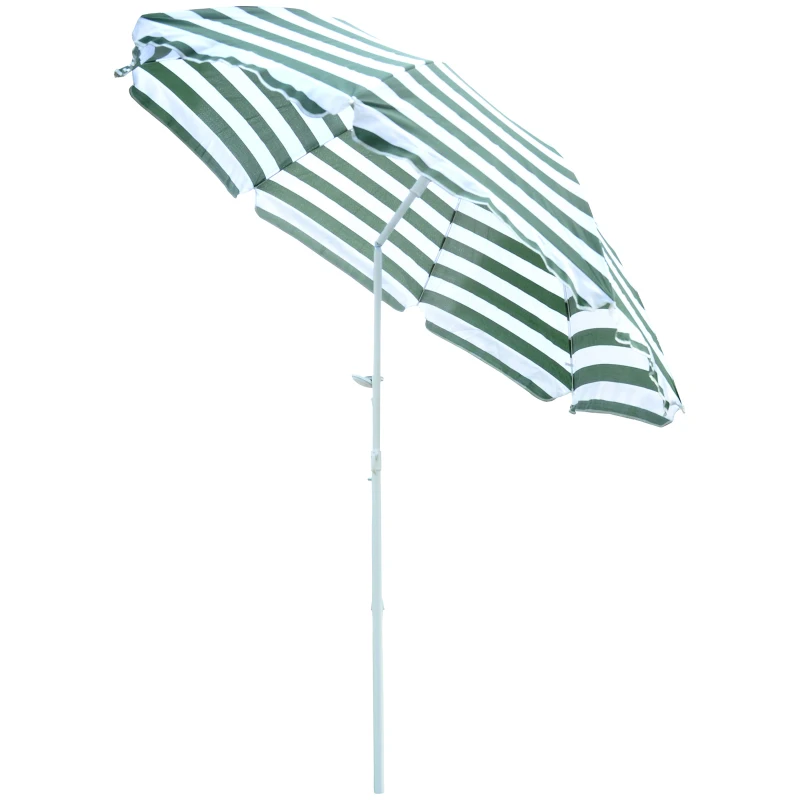 Outsunny 6FT Round Beach Umbrella with Tilt Mechanism, Outdoor UV Protection Sun Shaded Canopy with Push Button, Striped Green