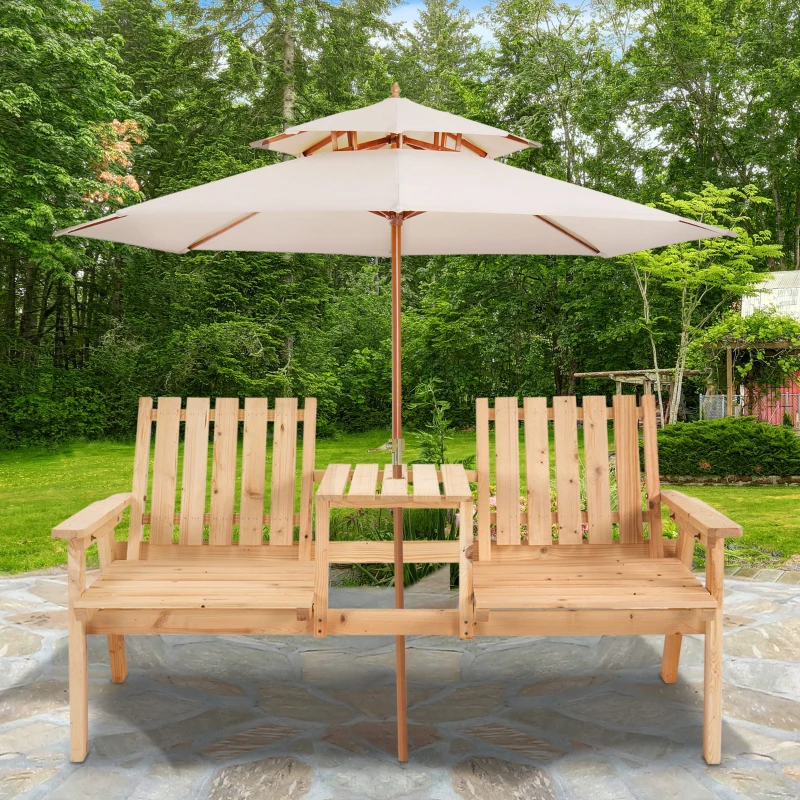 Outsunny Patio Bench, Garden Bench with Middle Table and Umbrella Hole, Wooden Outdoor Bench for Patio, Porch, Poolside, Balcony, Natural