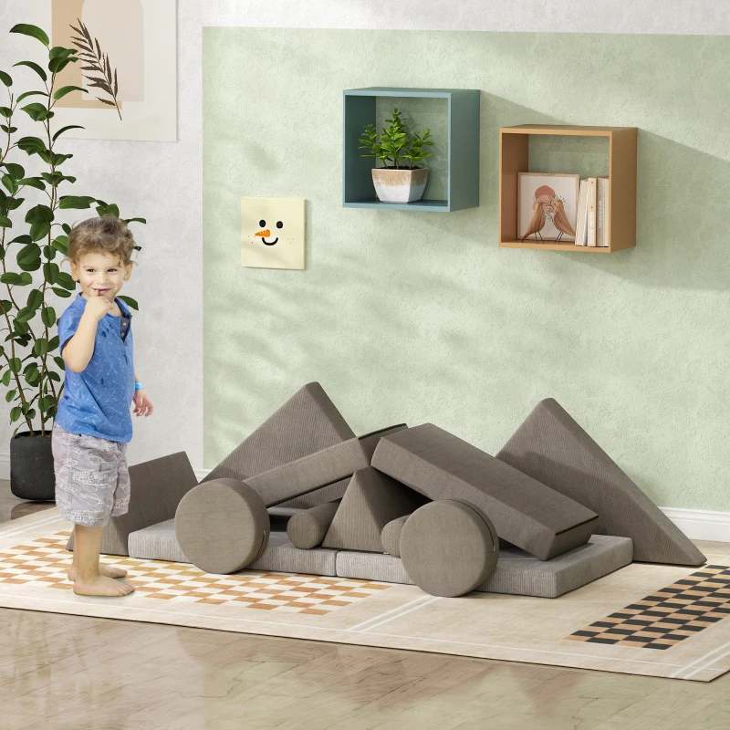 Qaba 12 Pieces Kids Foam Climbing Blocks with Washable Cover for Toddlers, Khaki
