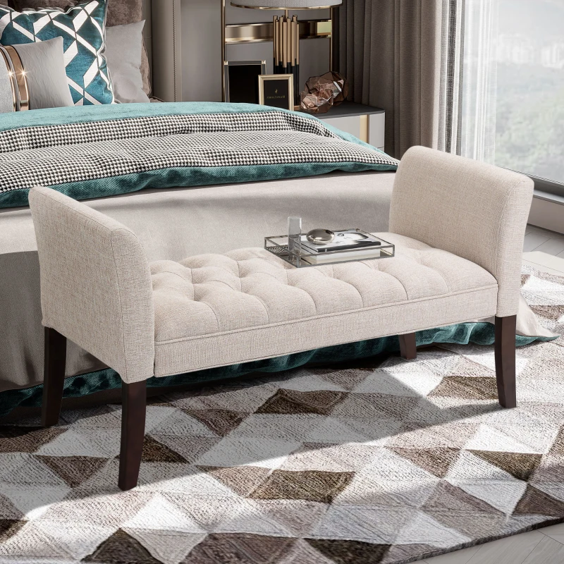 HOMCOM Upholstered Bedroom Bench with Button Tufted Design, End of Bed Bench with Arms and Solid Wood Legs, Beige