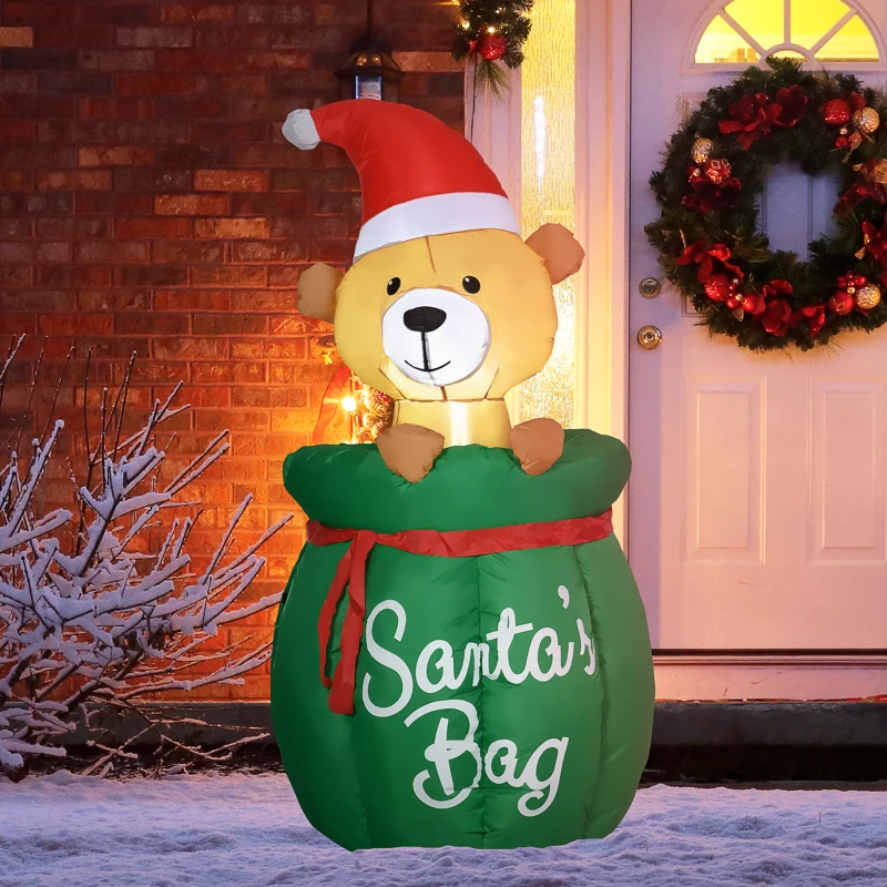 HOMCOM 4.5 ft. Christmas Inflatables Outdoor Decorations Bear In Santa Claus Toy Bag, Blow-Up Holiday Yard Christmas Decor with LED