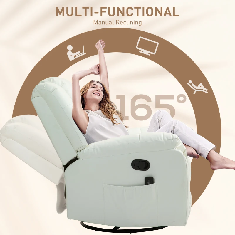 HOMCOM 8-Point Vibration Massage Recliner Chair, PU Leather Manual Reclining Sofa, Swivel Nursery Rocking Chair with Remote Control, Side Pockets, for Living Room, Cream White