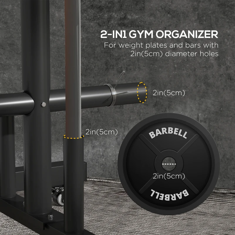 Soozier Weight Plate Rack, Bumper Plate Rack Holder for 2 inch Plates and Bars, with 4 Transport Wheels and 6 Fasten Clamps, 440 lbs Capacity