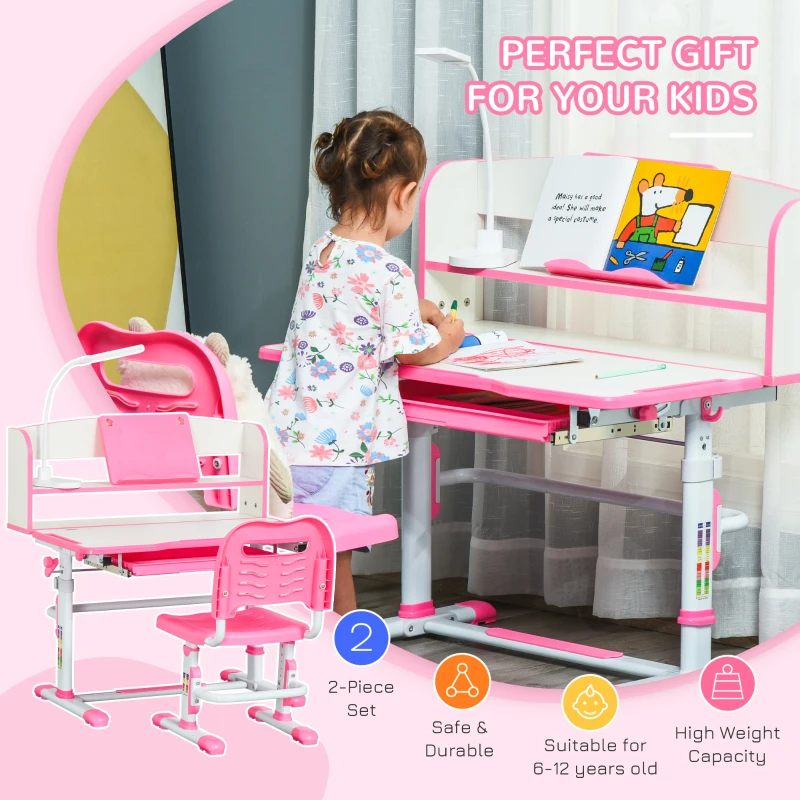 Qaba Kids Desk and Chair Set Height Adjustable Student Writing Desk Children School Study Table with LED Lamp, Bookshelf, Drawer, Reading Board, Pen Slot, Hook, Pink