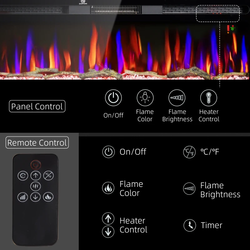 HOMCOM 50" Recessed or Wall Mounted Electric Fireplace Heater with Remote Control, Adjustable Flame Color and Brightness
