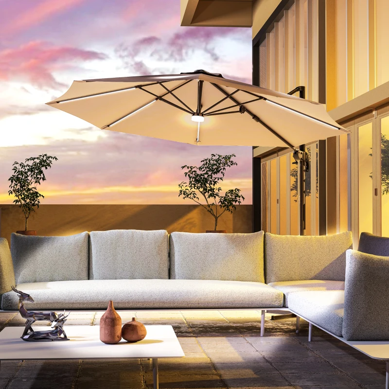 Outsunny 10ft Cantilever Patio Umbrella Offset Parasol with Lights, Cross Base, 360° Rotating for Deck, Beach, Market, Khaki
