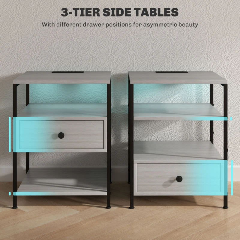 HOMCOM Set of 2 Side Tables with Charging Stations and LED Lights, End Tables with Drawer and Shelves for Living Room, Gray