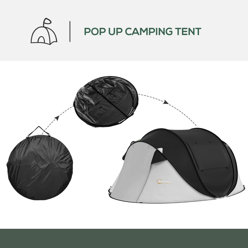 Outsunny Pop Up Tent with Porch and Carry Bag, 3000mm Waterproof, for 2-3 People Camping Hiking, Black