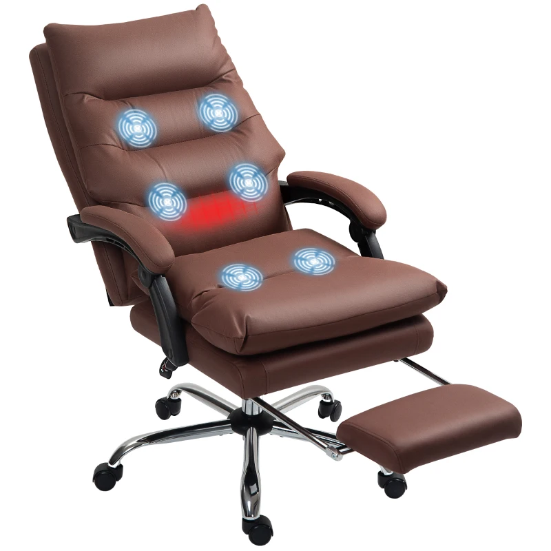 Vinsetto Microfibre Massage Office Chair, Heated Reclining Chair with Footrest, Double-tier Padding, Swivel Wheels, Coffee