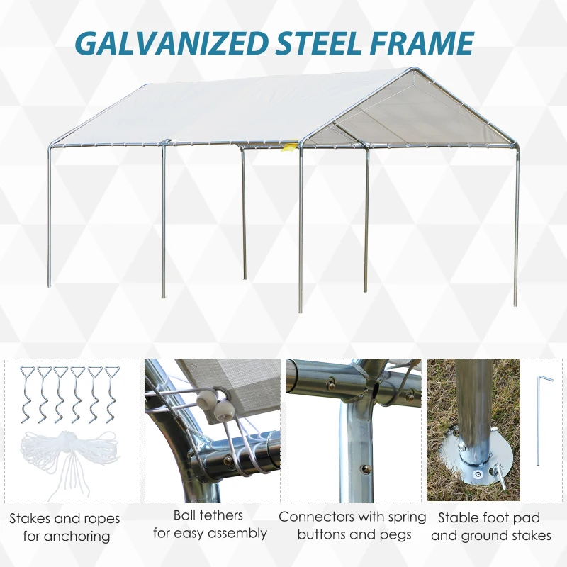 Outsunny 9.6' x 19.5' Carport Heavy Duty Galvanized Car Canopy w/ Included Anchor Kit, 3 Reinforced Steel Cables, White