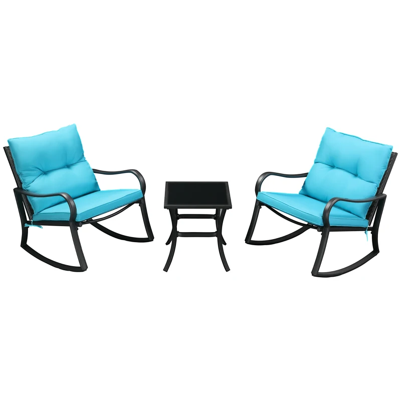Outsunny 3 Pieces Patio Wicker Rocking Chairs Table Set, Outdoor PE Rattan Furniture with 2 Rockers & 1 Coffee Table w/ Padded Cushions for Deck, Backyard, Garden, Blue