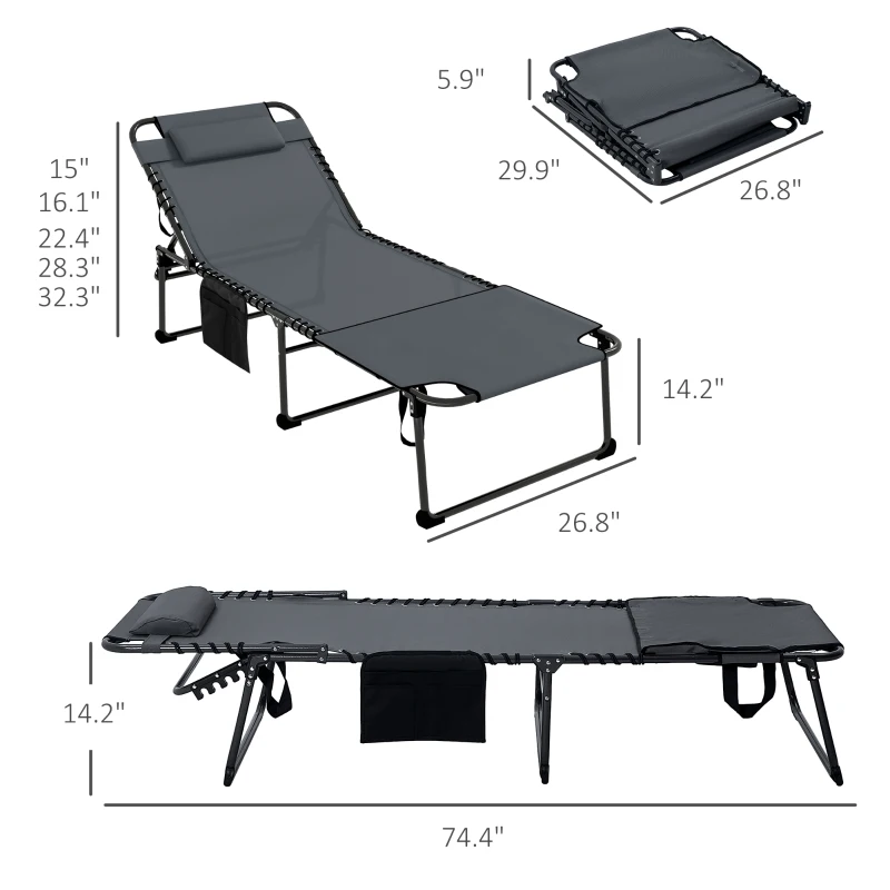 Outsunny 2 Piece Folding Chaise Lounge Pool Chairs with 5-level Reclining Back, Reading Hole, Side Pocket, Gray