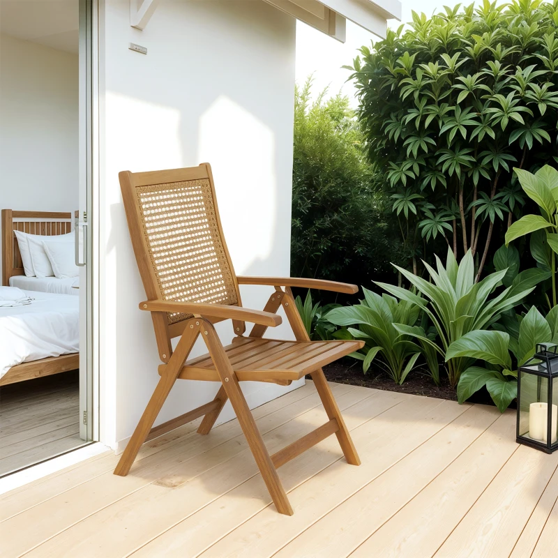Outsunny Outdoor Folding Chair with Adjustable Back, Wood Foldable Dining Chair with Slatted Seat, Armrest, Teak