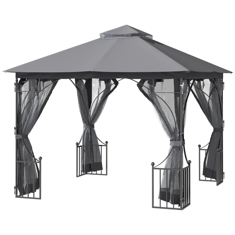 Outsunny 10' x 10' Patio Gazebo, Double Roof Outdoor Gazebo Canopy Shelter with Netting, Steel Corner Frame for Garden, Lawn, Backyard and Deck, Dark Gray