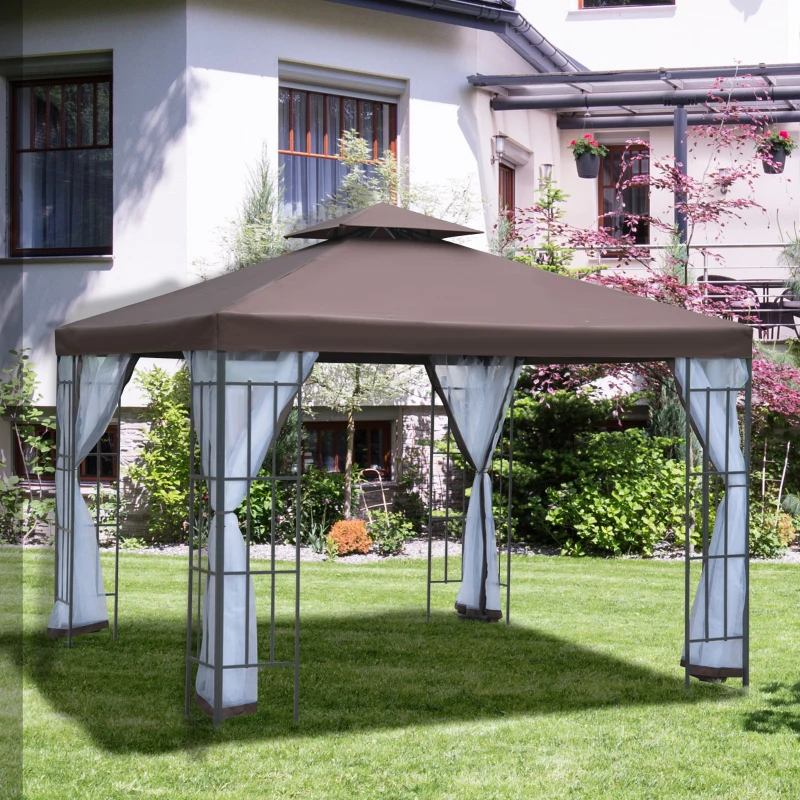 Outsunny 10' x 10' Outdoor Gazebo, Double Roof Outdoor Gazebo Canopy Shelter with Mesh Netting, Steel Corner Frame for Patio, Backyards and Parties, Coffee