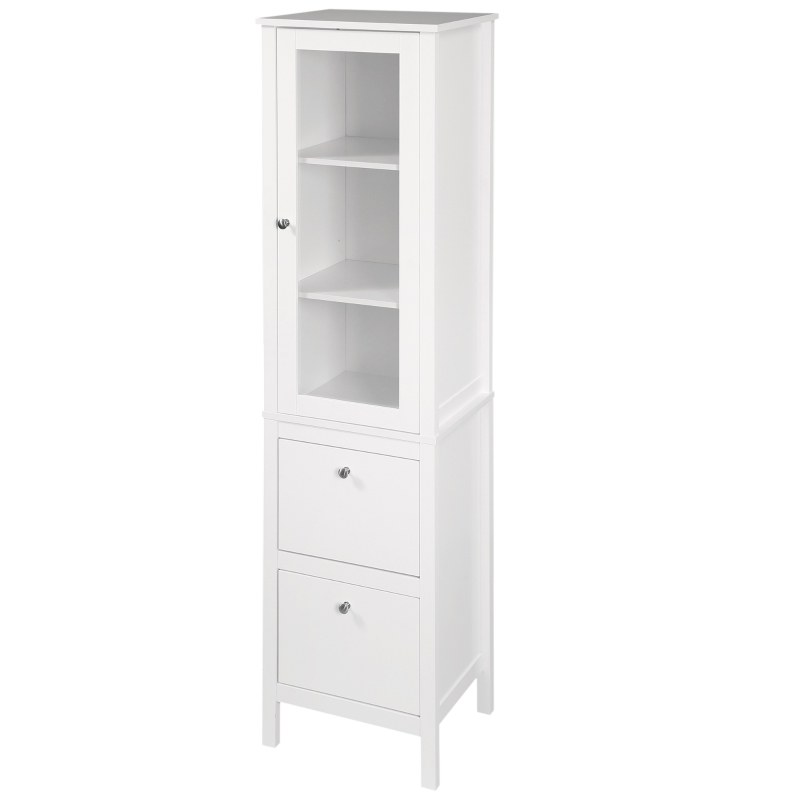 kleankin Tall Bathroom Cabinet with Tempered Glass Door, Storage Organizer, Freestanding Linen Tower with 2 Adjustable Shelves and 2 Drawers, White