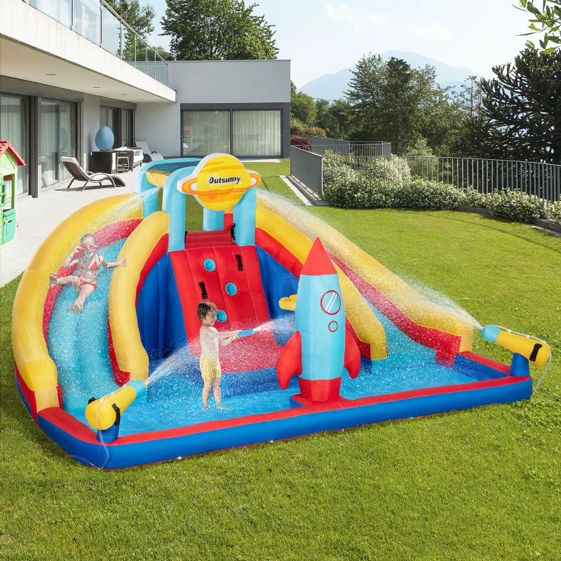 Outsunny 5-in-1 Inflatable Water Slide, Rocket Themed Kids Bounce House with Slide, Pool, Water Cannon, Hoop, Climbing Wall Includes Carry Bag, Repair Patches, without Air Blower