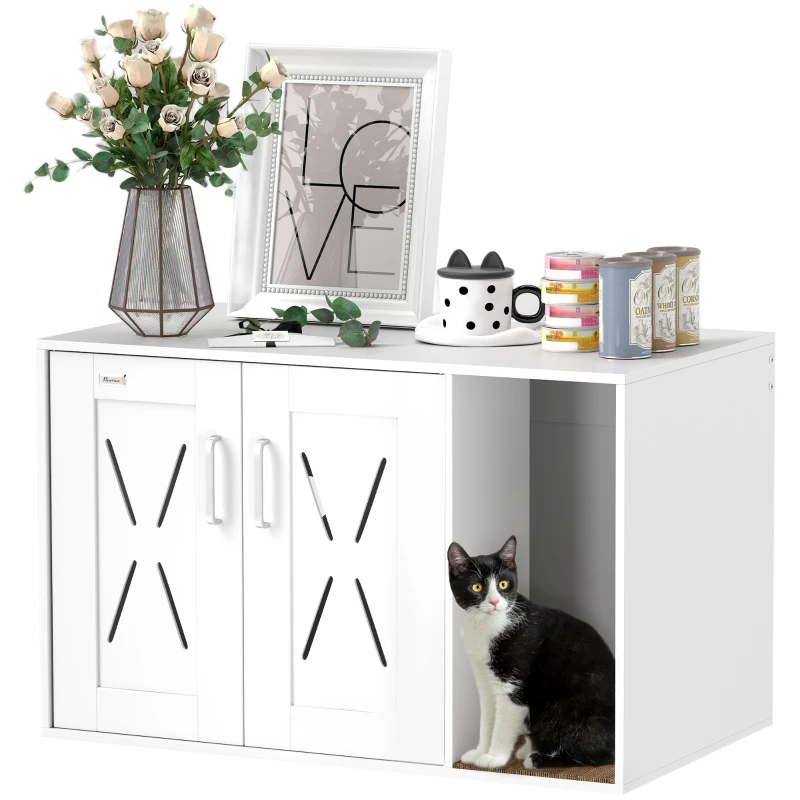 PawHut Cat Litter Box Enclosure, Hidden Cat Litter Box Furniture with Scratching Board, 31.5" x 19" x 20", White