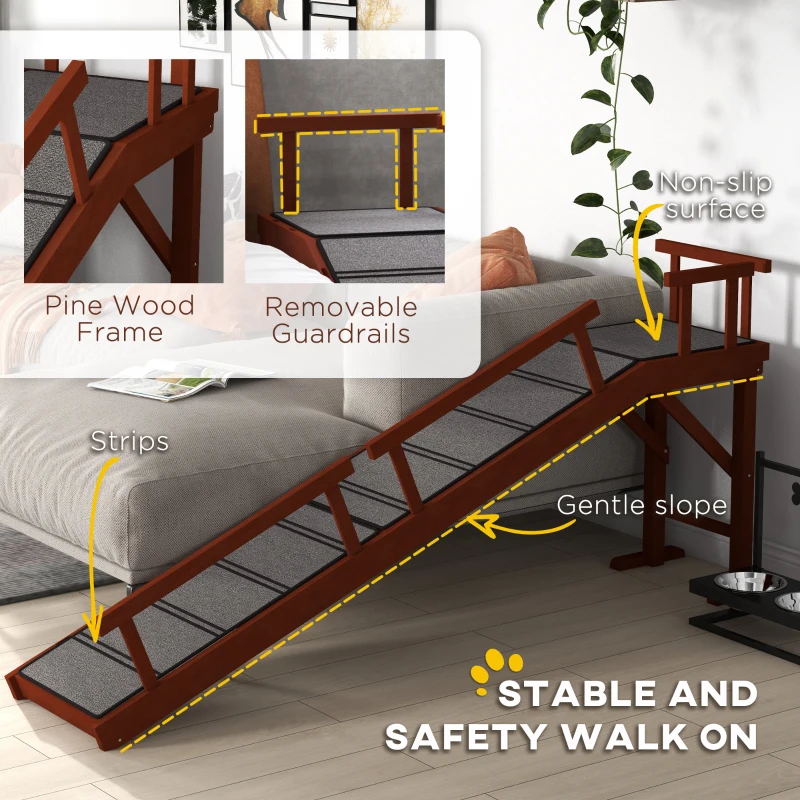 PawHut Wooden Dog Ramp with Removable Guardrails, Non-Slip Surface, 73" Long, Brown(m-5)