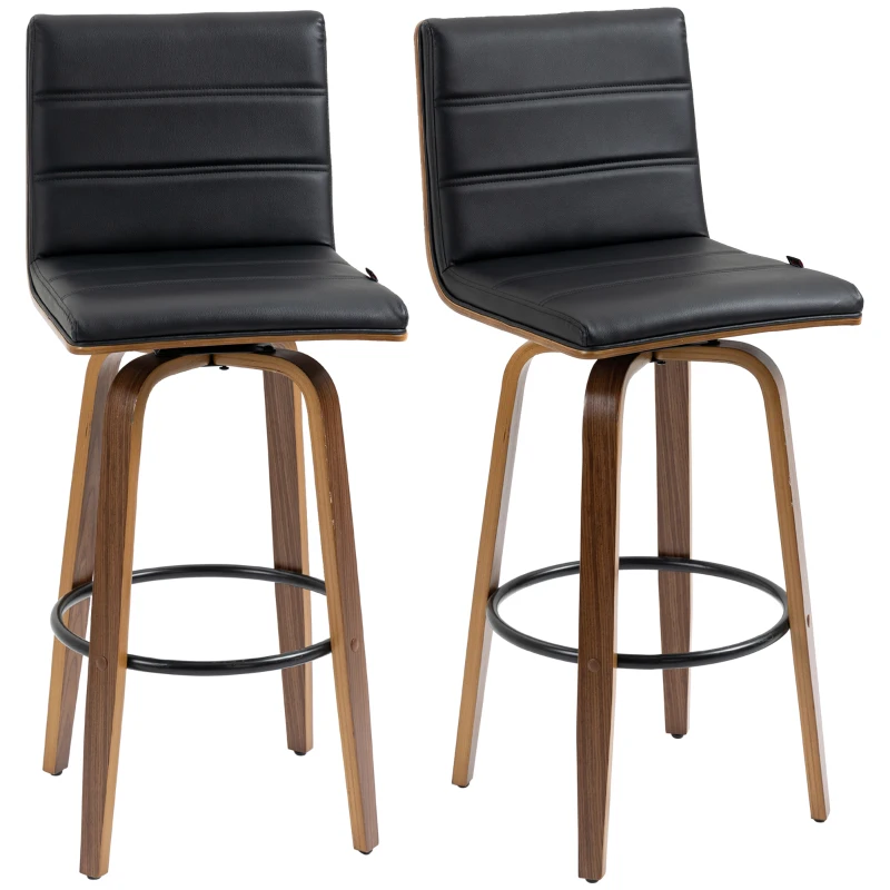 HOMCOM Swivel Bar Stools Set of 2, Upholstered Bar Height Stools, Bar Chairs with Soft Padding Seat and Wood Legs, Black