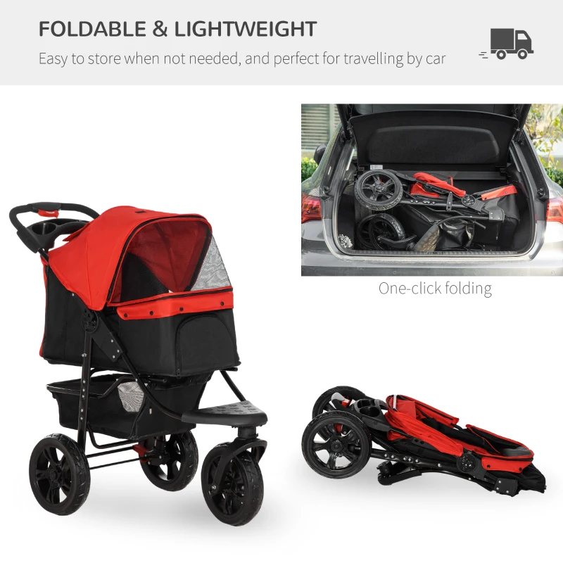 PawHut 3 Wheel Folding Dog Stroller, Travel Carrier with Adjustable Canopy, Storage Brake, Mesh Window for S&M Dogs, Red