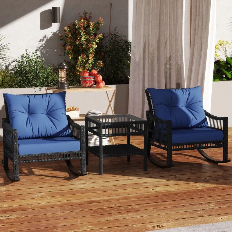 Outsunny 3 Pieces Outdoor PE Rattan Rocker Chair Set, Rocking Chair with Tempered Glass Table Top, 25"x26"x28", Dark Blue