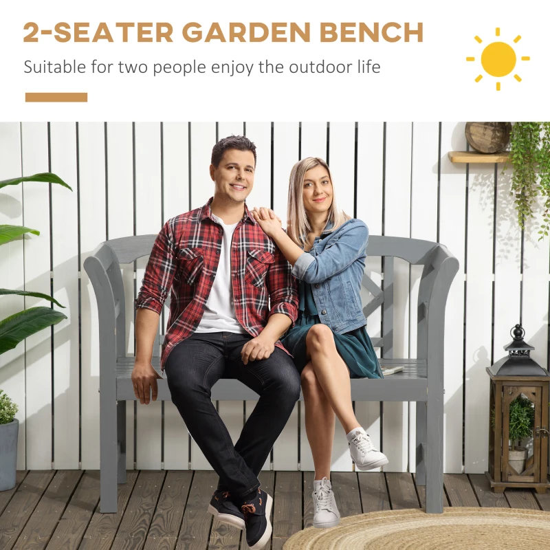 Outsunny Outdoor Wooden Bench, Patio Loveseat Chair with Stylish Pattern Backrest and Armrests for Yard, Lawn, Porch, Dark Gray