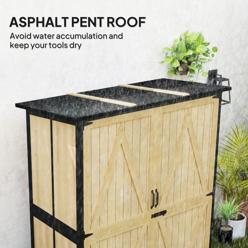 Outsunny Wood Storage Shed, Outdoor Garden Shed with Asphalt Roof, 2 Shelves, Lockable Doors and Adjustable Feet, Natural