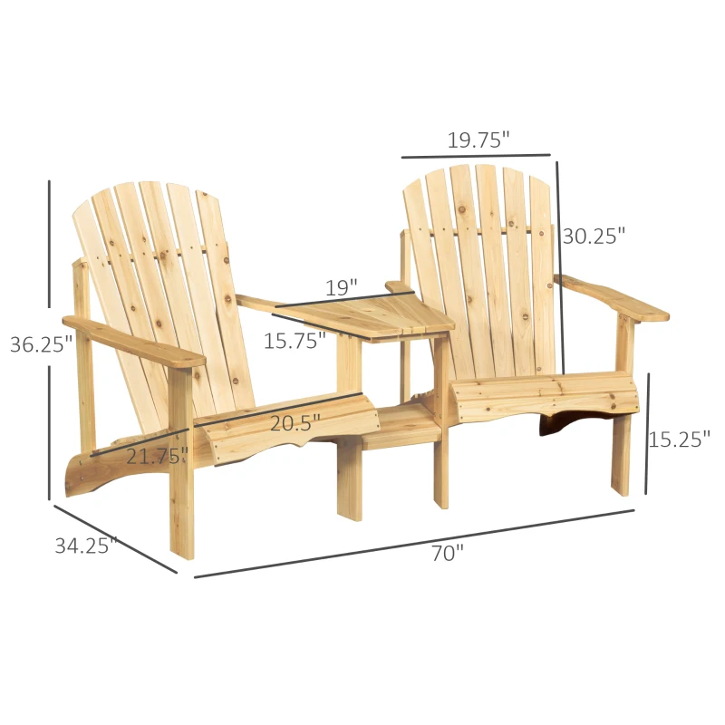 Outsunny Fire Pit Seating, 2 Wooden Adirondack Chairs with Outdoor Table & Umbrella Hole, Wood 2 Person Adirondack Bench, Natural