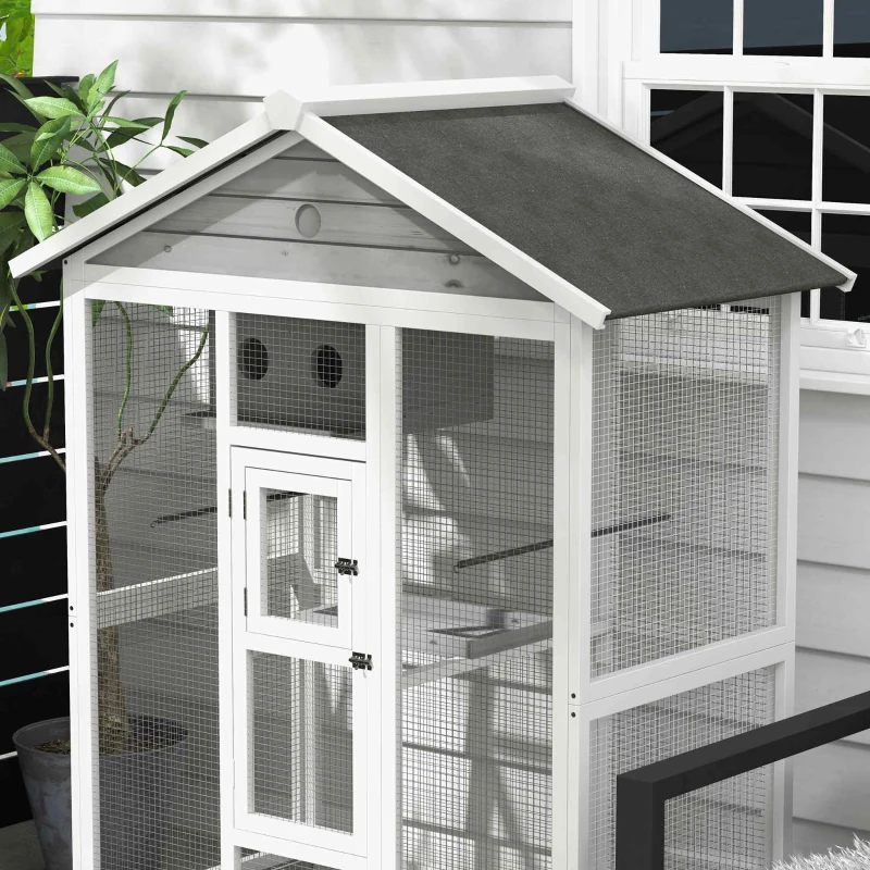 PawHut 64.5" Wooden Bird Cage Aviary, Flight Cage with 4 Perches, Nest and Slide-Out Tray for Indoor/Outdoor, Gray