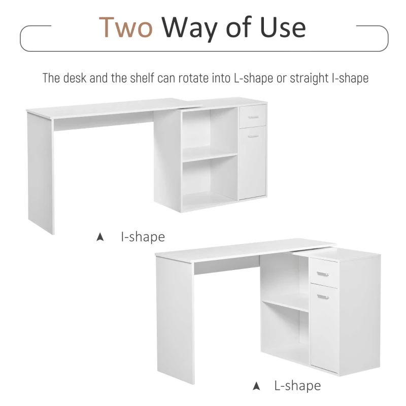 HOMCOM 180° Rotating Home Office Corner Desk Storage Shelf Cabinet White