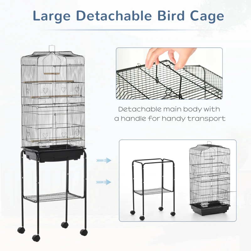 PawHut 62" Rolling Bird Cage Cockatoo House Play Top Finch Pet Supply with Storage Shelf, Wheels - Black