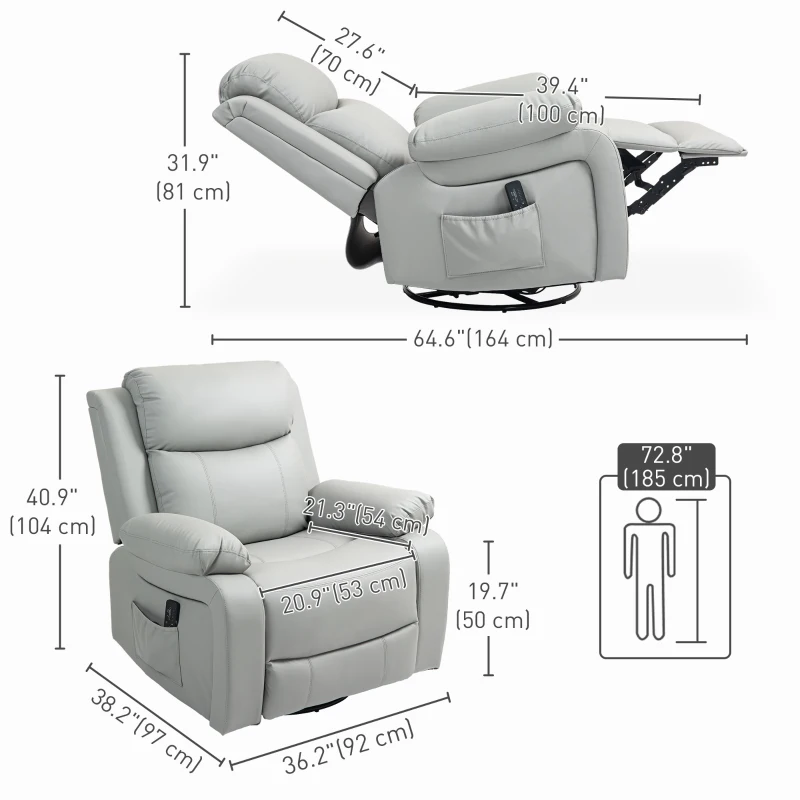 HOMCOM PU Leather Reclining Chair with Vibration Massage Rocker, Swivel Base, Rocking Function, Remote Control, Light Grey