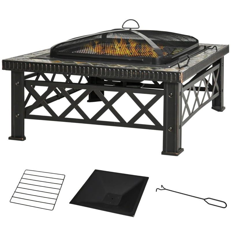 Outsunny 30" Outdoor Steel Square Firepit Square Stove with Spark Screen Cover, Log Grate, Poker, Grill Net for Patio