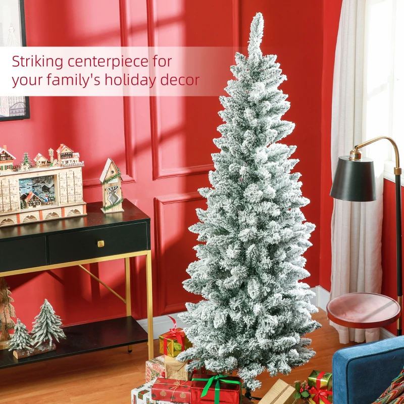 HOMCOM 6ft Pencil Christmas Tree, Flocked Tree with 479 Branch Tips and Metal Base for Home, Indoor, Holiday
