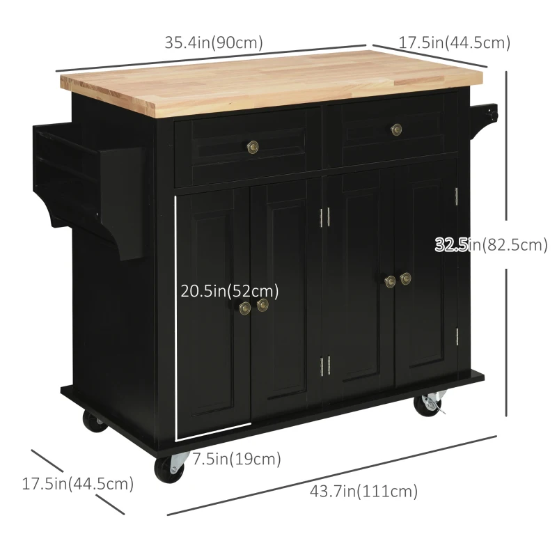 HOMCOM Rolling Kitchen Island with Rubber Wood Top and Storage, Spice Rack, Towel Rack, Black