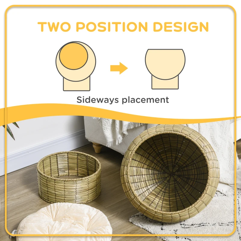 PawHut Handwoven Elevated Cat Bed with Soft Cushion & Cat Egg Chair Shape, Cat Basket Bed Kitty House with Stand, Raised Wicker Cat Bed for Indoor Cats, 23.5" H, Yellow