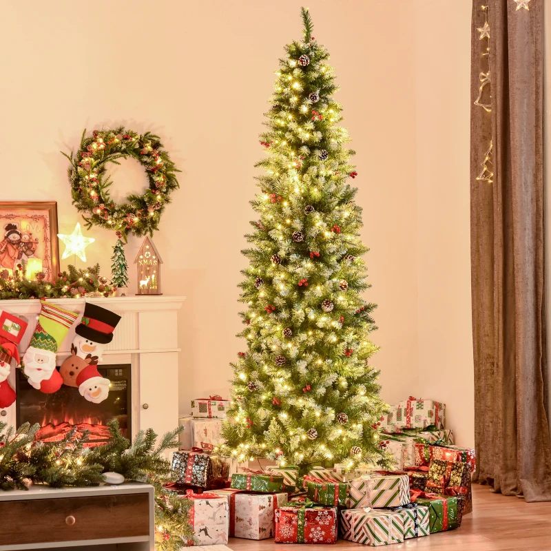 HOMCOM 7.5ft Pre-Lit Snow-Dipped Artificial Christmas Tree with Realistic Branches, 350 LED Lights, Pine Cones, Red Berries and 1075 Tips