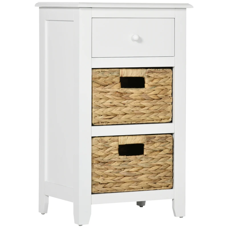 HOMCOM End Side Table with Removable Woven Baskets and Drawer for Living Room, Bedroom, 15.6"x11.8"x26.2", White