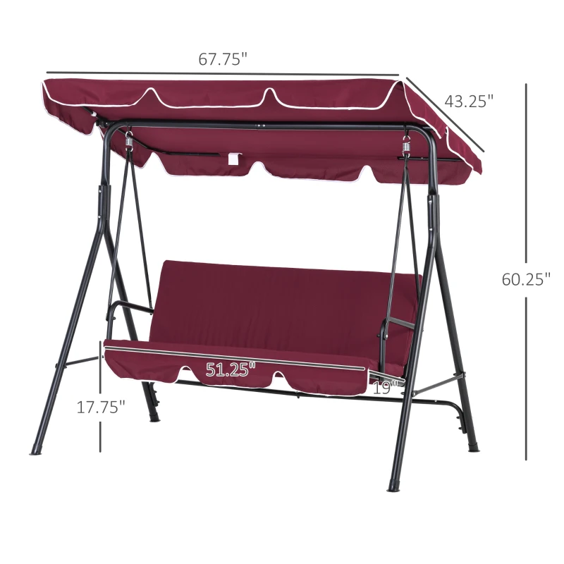 Outsunny 3-Seater Outdoor Porch Swing with Adjustable Canopy, Patio Swing Chair for Garden, Poolside, Backyard, Wine Red