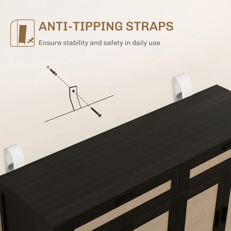 HOMCOM Kitchen Sideboard Cabinet, Boho Entryway Cabinet with Decorative Rattan Doors and Drawers for Dining Room, Black