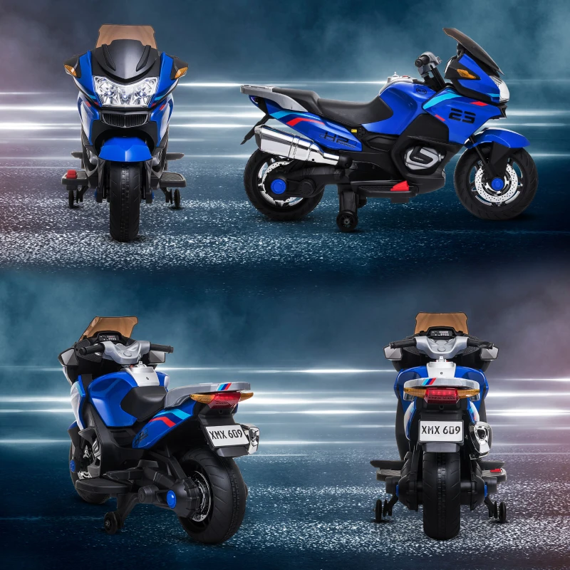 Aosom 12V Kids Electric Motorcycle with Training Wheels, Battery Power Ride on Motorbike, High-Traction at 3.7 Mph Top Speed, with Light Music, Blue