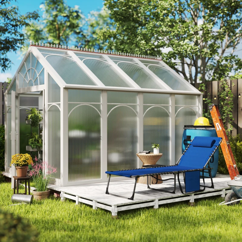 Outsunny Folding Outdoor Chaise Lounge Chair Tanning Chair with 5-Level Adjustable Back, Side Table, Pillow, Pocket, Dark Blue